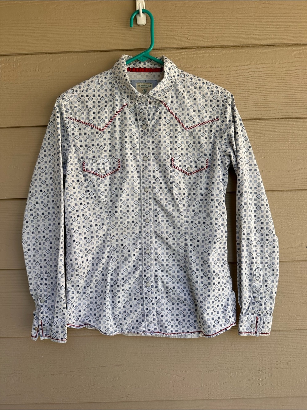 Panhandle Slim Western Shirt Womens Blue & White Pearl Snap Sz Small (B42)